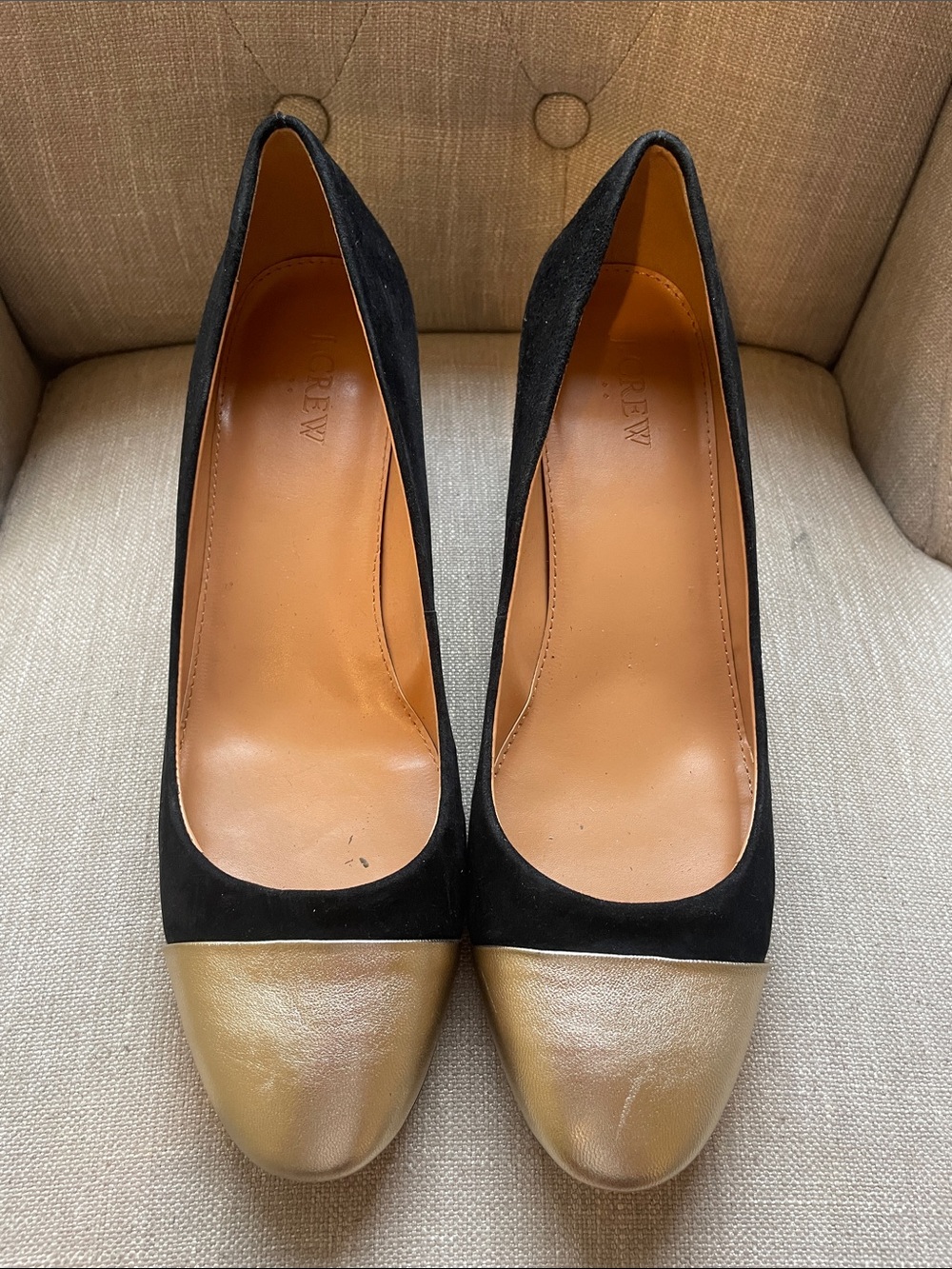 JCrew Bryn Midblock with metallic captoe - color: black metallic gold